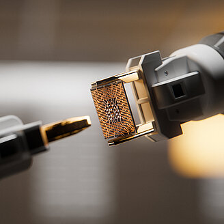 Roboterarm – © luza studios / Getty Images Roboterarm, der eine CPU an einen anderen Roboter weitergibt